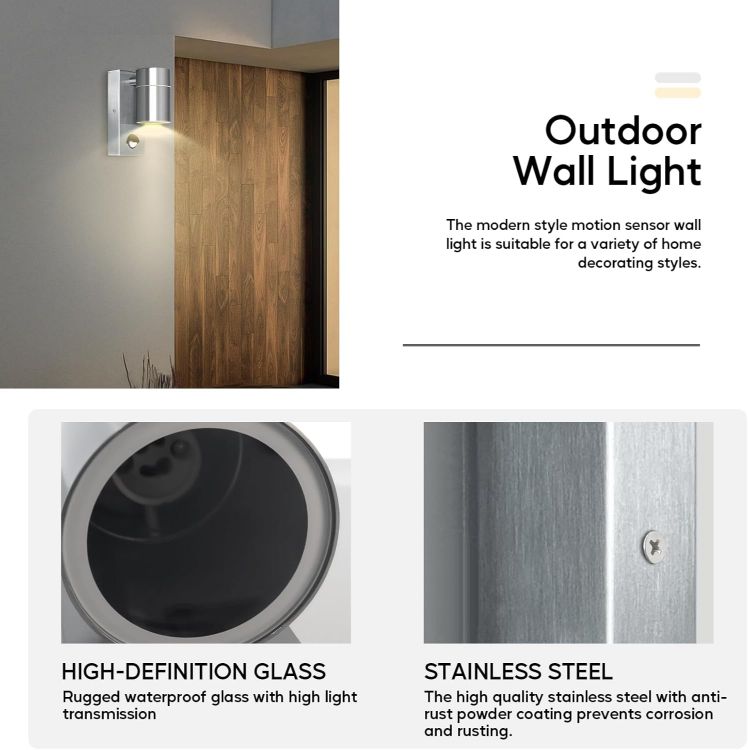 Silver stainless steel outdoor wall light with clear glass diffuser