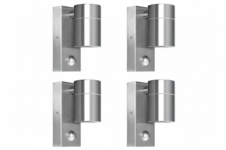 Four outdoor wall lights with PIR motion sensor and downward illumination