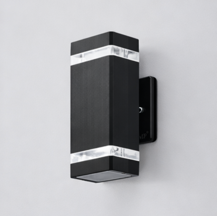 Black outdoor wall light with double up and down illumination
