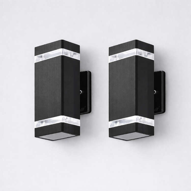 Two black outdoor wall lights with double up and down illumination