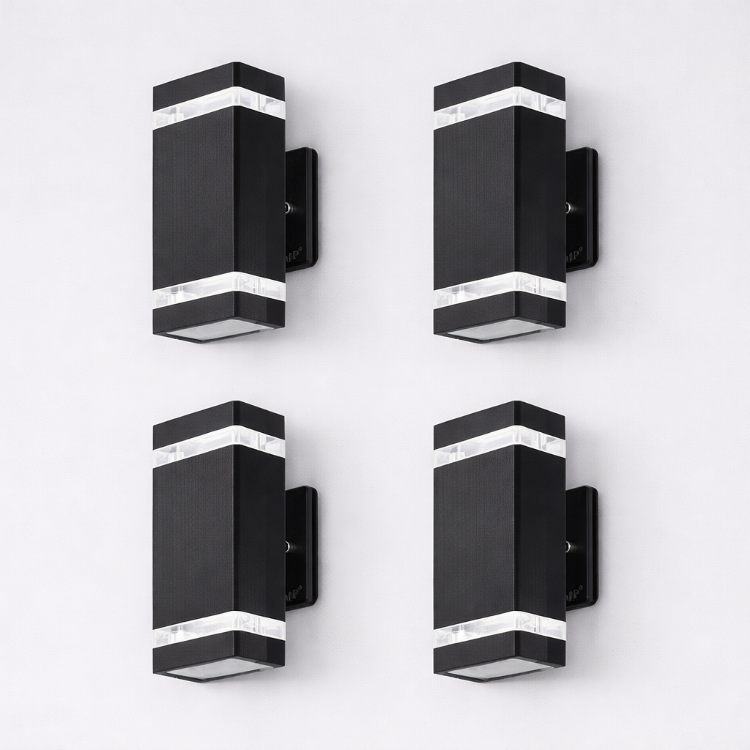 Four black outdoor wall lights with double up and down illumination