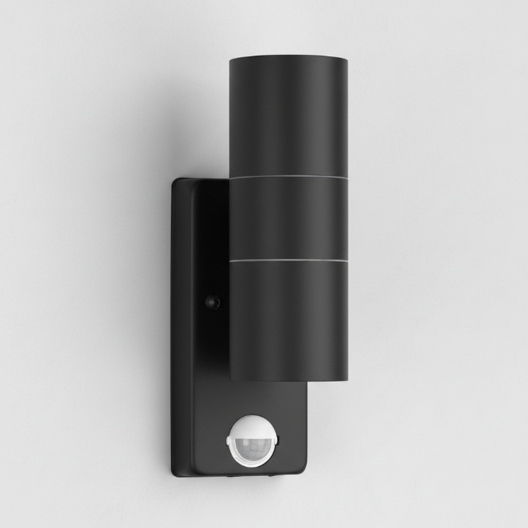 Black outdoor wall light with PIR motion sensor and up-down illumination