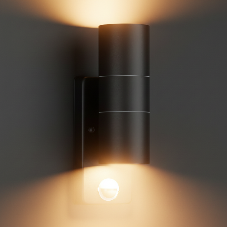Black stainless steel up & down outdoor wall light with motion sensor for security