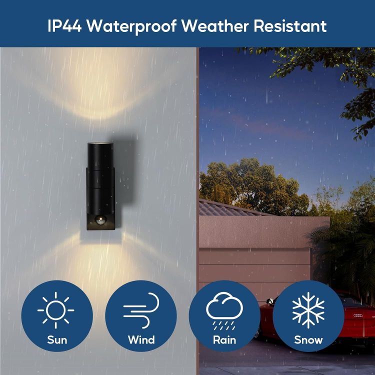 PIR sensor wall lights illuminating entrance and garden