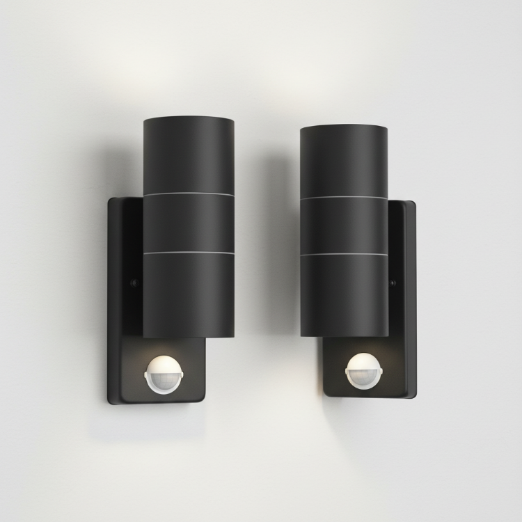 Two black outdoor up & down wall lights with motion sensors