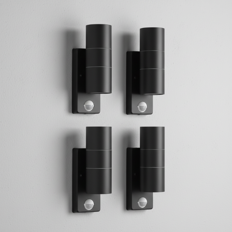 Four black outdoor up & down wall lights with motion sensors
