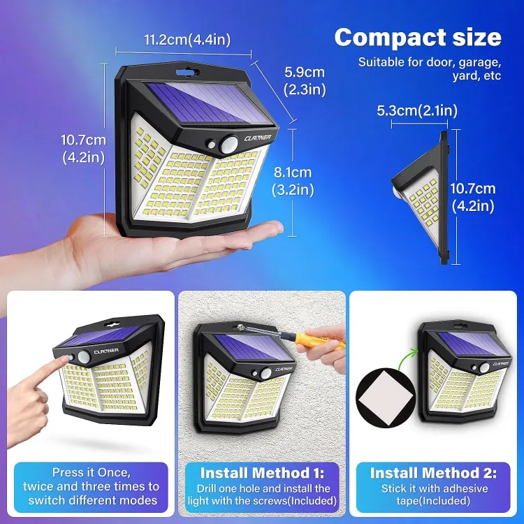 128 LED solar powered wall light with bright clear white illumination
