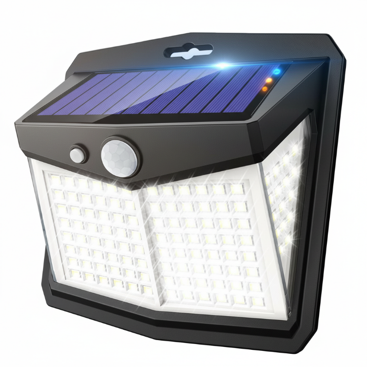 Solar PIR motion sensor wall light with 128 LEDs for outdoor security