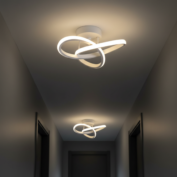 Spiral LED ceiling light illuminating corridor