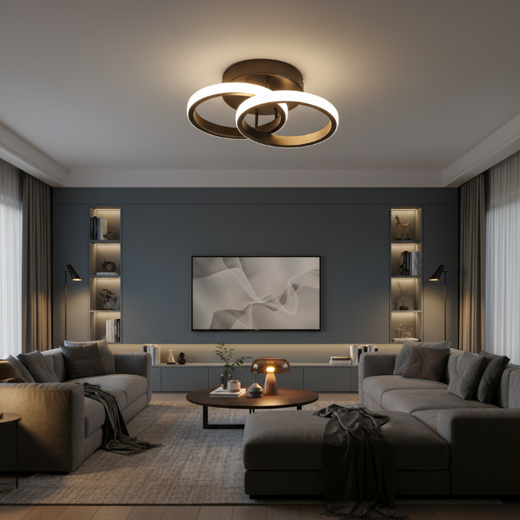 Two interlocking rings ceiling light installed in bedroom