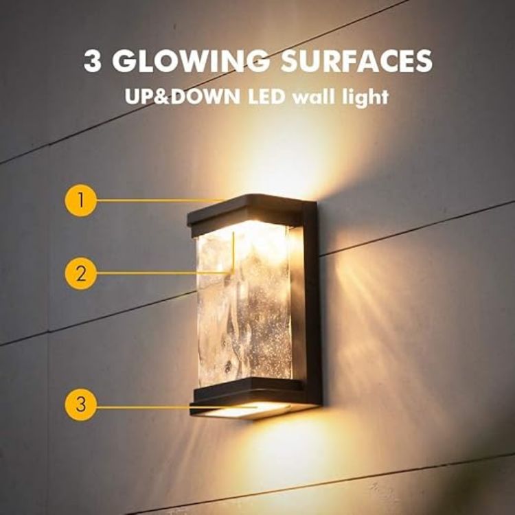 Picture of Outdoor Wall Lights Dusk to Dawn Porch Light, Modern Porch Light with Seeded Glass, 1000 Lumen 3000K 45 LED Outside Wall Lantern-Black 