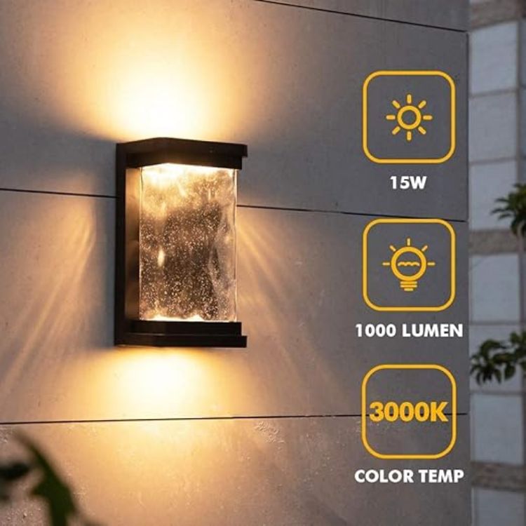 Picture of Outdoor Wall Lights Dusk to Dawn Porch Light, Modern Porch Light with Seeded Glass, 1000 Lumen 3000K 45 LED Outside Wall Lantern-Black 