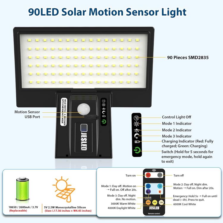 Picture of Solar Lights Outdoor, 90 LEDs Security Light with Motion Sensor, 3 Color Temperatures, USB Charging, 4 Modes, Remote Control for Yard Garden Garage