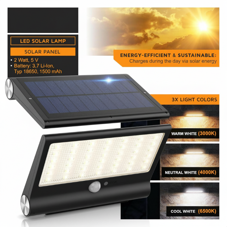 Picture of Outdoor Solar Motion Sensor Lights, 84 LEDs, 3 Color Temperatures, IP54, 280 Lumens, Black, Rustic