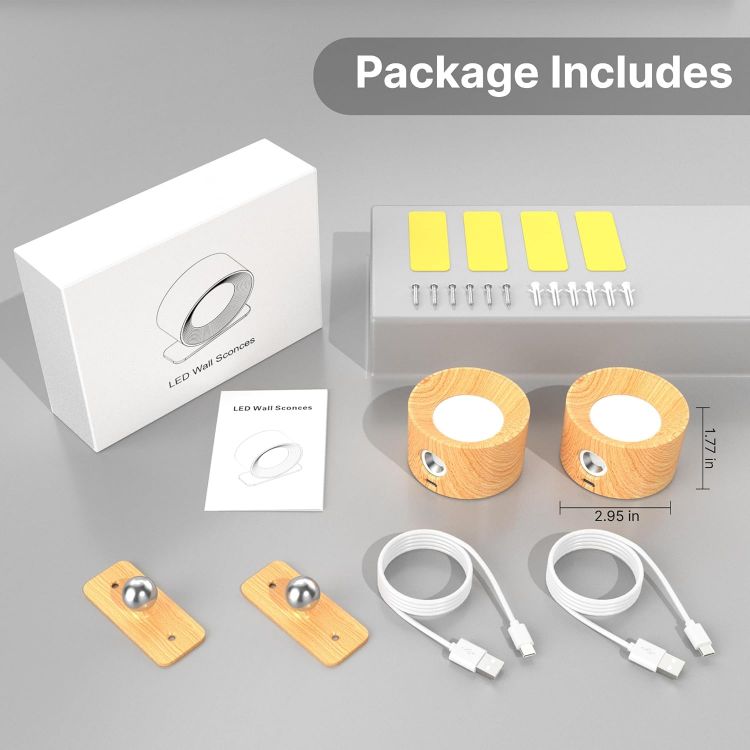 Picture of 2 Pack Rechargeable Wall Lights, 360° Rotatable Touch Control Wall Lamps, Battery Operated Wall Light, 3 Brightness Levels 3 Colour Modes, Wireless Reading Lights for Bedroom Living Room