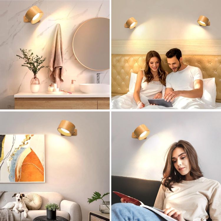 Picture of 2 Pack Rechargeable Wall Lights, 360° Rotatable Touch Control Wall Lamps, Battery Operated Wall Light, 3 Brightness Levels 3 Colour Modes, Wireless Reading Lights for Bedroom Living Room