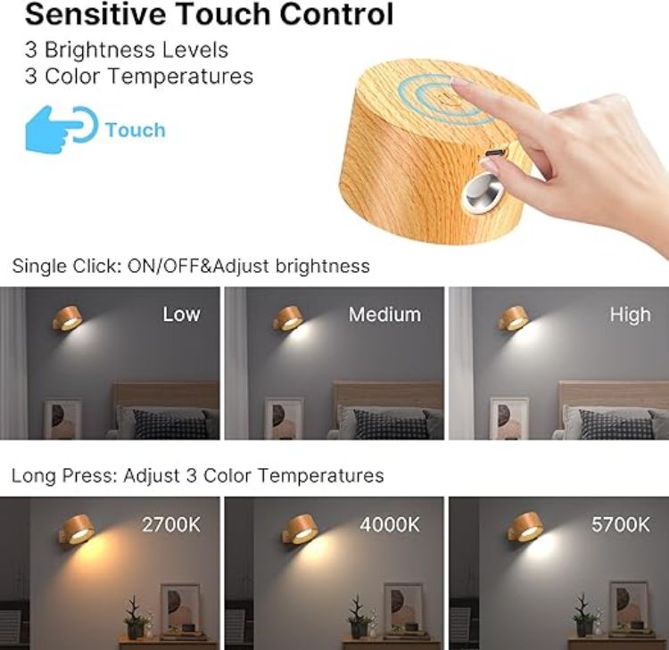 Picture of 2 Pack Rechargeable Wall Lights, 360° Rotatable Touch Control Wall Lamps, Battery Operated Wall Light, 3 Brightness Levels 3 Colour Modes, Wireless Reading Lights for Bedroom Living Room