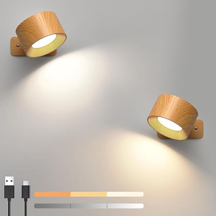 Picture of 2 Pack Rechargeable Wall Lights, 360° Rotatable Touch Control Wall Lamps, Battery Operated Wall Light, 3 Brightness Levels 3 Colour Modes, Wireless Reading Lights for Bedroom Living Room