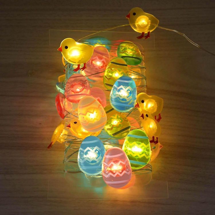 Mini egg LED lights placed in an Easter basket