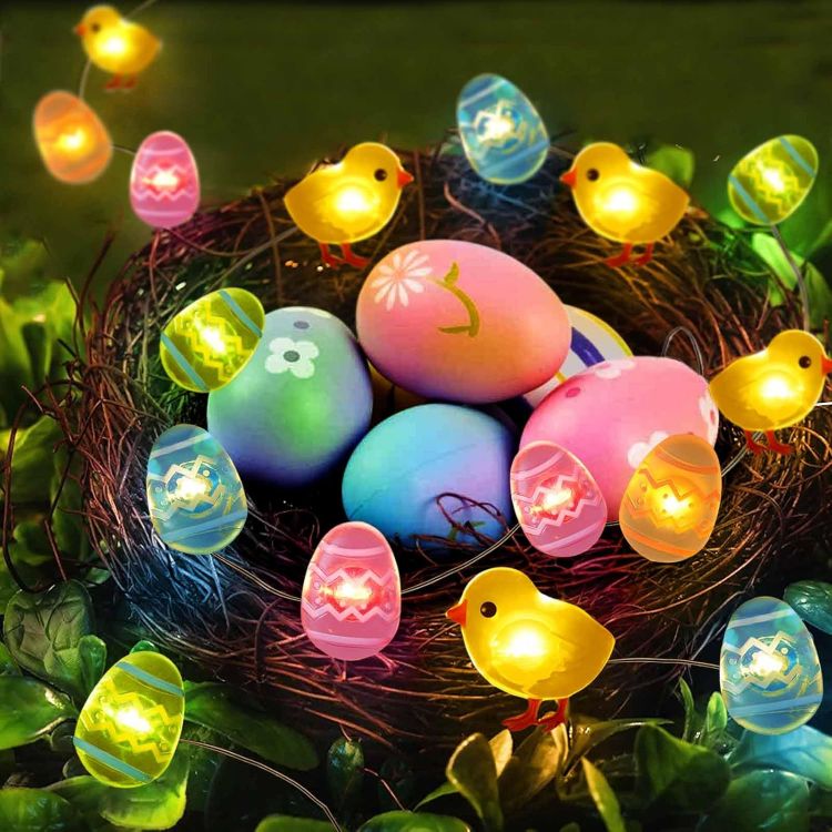 Close-up of mini egg and chick LED lights for Easter decoration