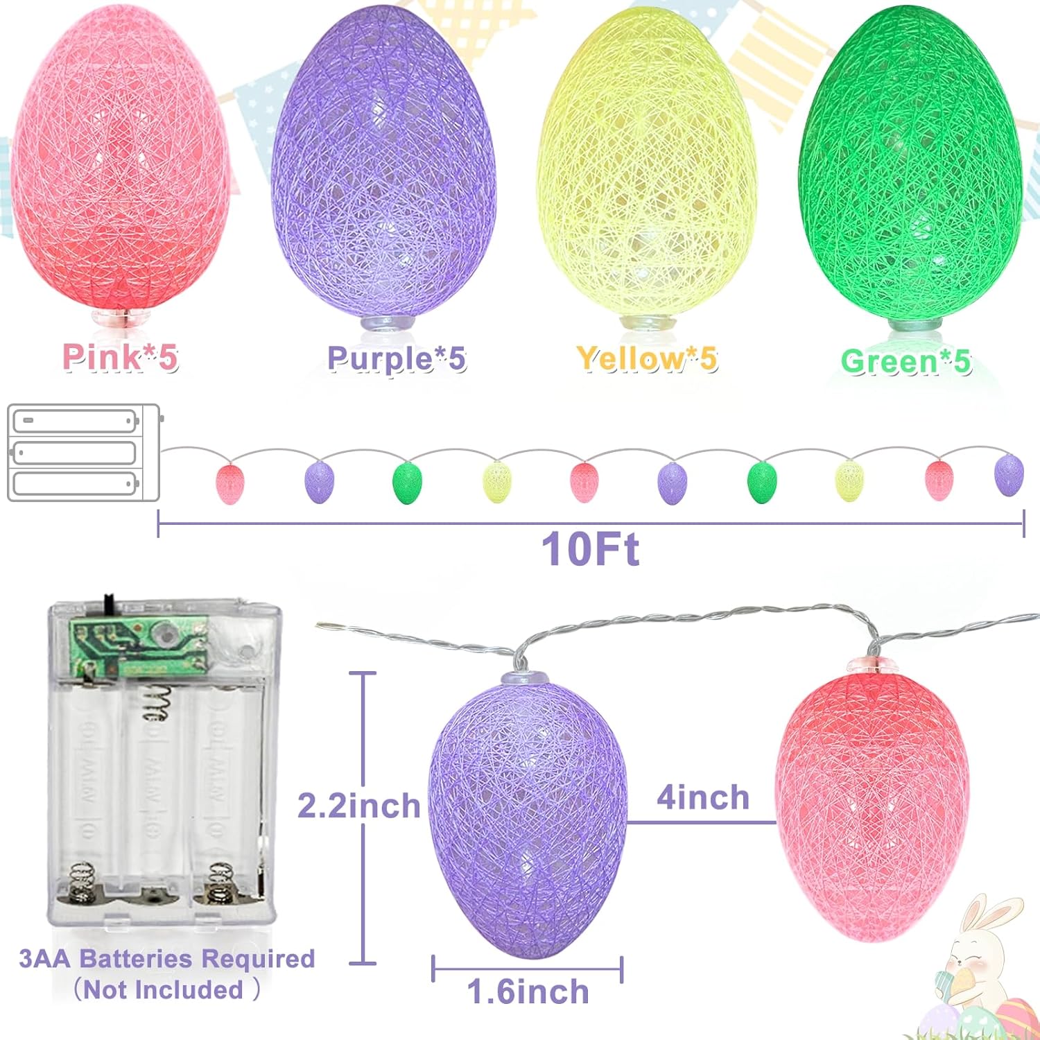 Velvet Easter Egg String Lights – 10FT 20 LED Battery-Operated Garland ...