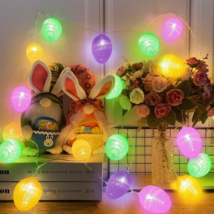 Velvet Easter egg lights decorating a patio for spring holiday