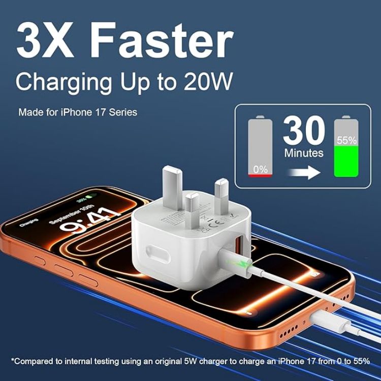 Picture of 20W Fast Charger USB C Plug and Cable, 1 Pack Type C UK Wall Phone Power Adapter USB C Lead for iPhone 17/16/15/Pro/Max/Air/Plus/iPad/Samsung S25 Ultra/S24/S23