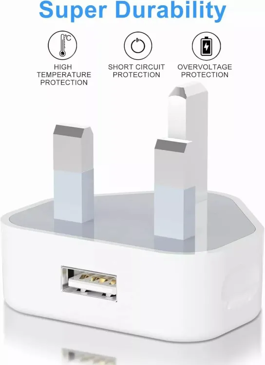 Picture of UK 3‑Pin USB Mains Charger Adapter – White Wall Plug