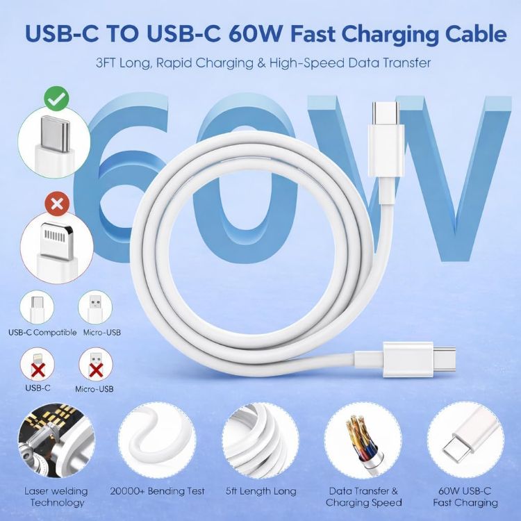Picture of 20W USB-C Fast Charger Plug with 2M Cable  – PD + USB A UK 3 Pin Foldable Wall Charger (White)