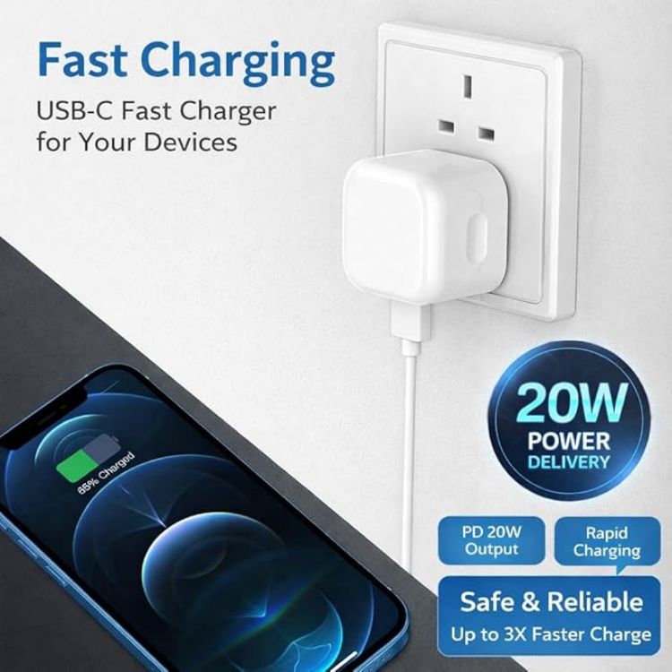 Picture of 20W USB-C Fast Charger Plug with 2M Cable  – PD + USB A UK 3 Pin Foldable Wall Charger (White)