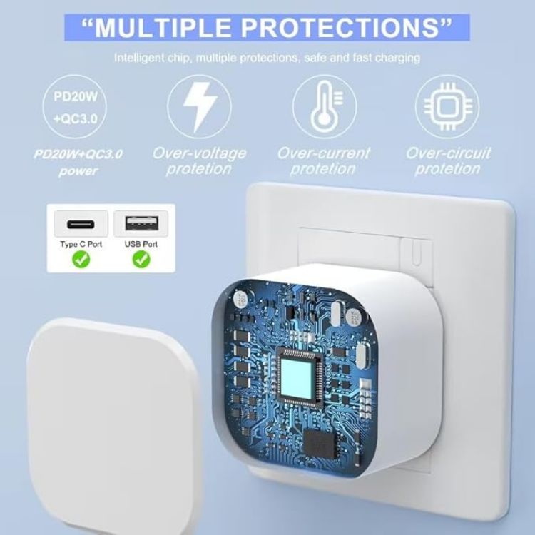 Picture of 20W USB-C Fast Charger Plug with 2M Cable  – PD + USB A UK 3 Pin Foldable Wall Charger (White)