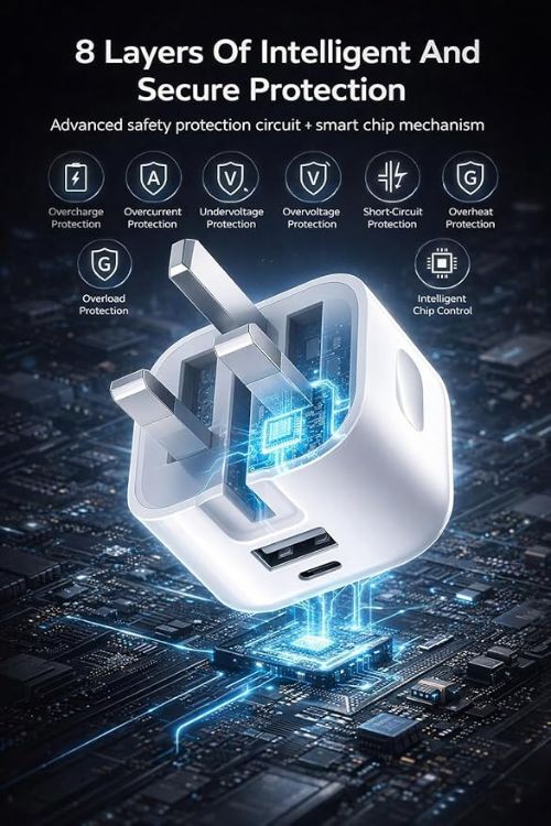 Picture of 20W USB-C Fast Charger Plug with 2M Cable  – PD + USB A UK 3 Pin Foldable Wall Charger (White)