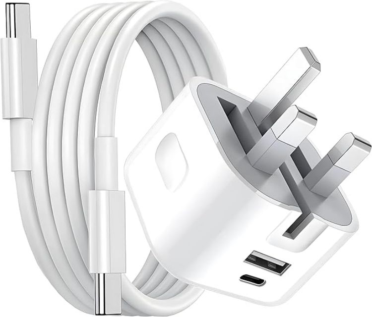 Picture of 20W USB-C Fast Charger Plug with 2M Cable  – PD + USB A UK 3 Pin Foldable Wall Charger (White)