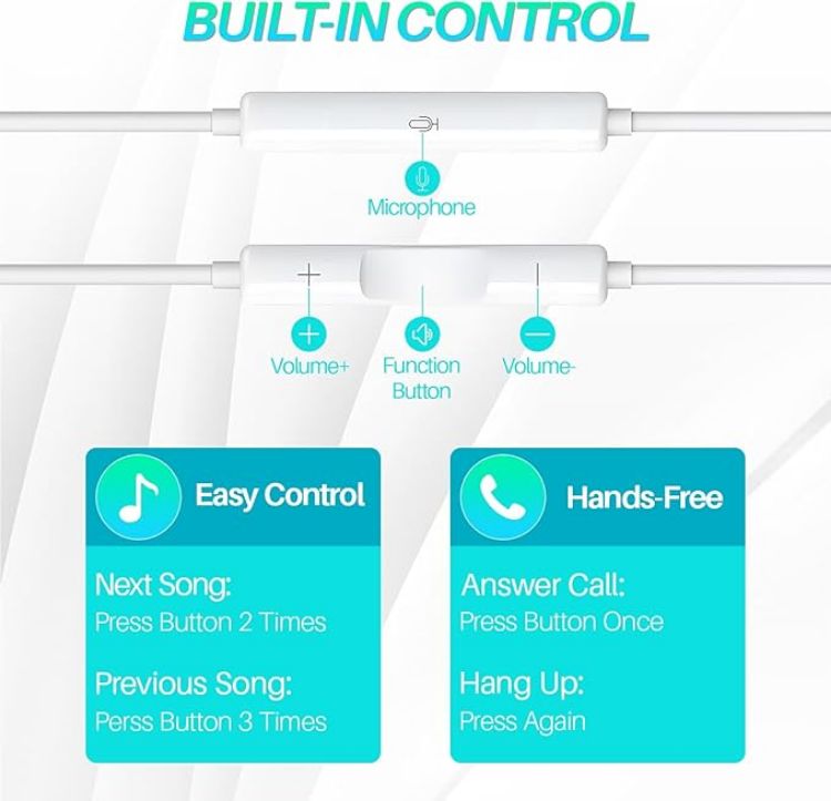 Picture of USB-C Wired Headphones with Microphone & Noise Cancelling – Stereo Earphones (White)