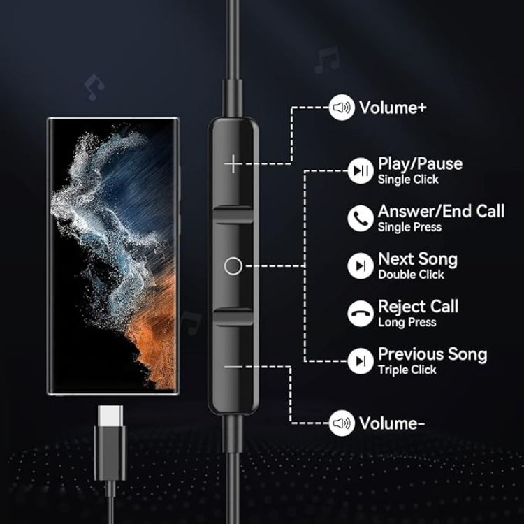 Picture of Magnetic USB-C Wired Earphones with Microphone & Volume Control – In-Ear Stereo Headphones (Black)