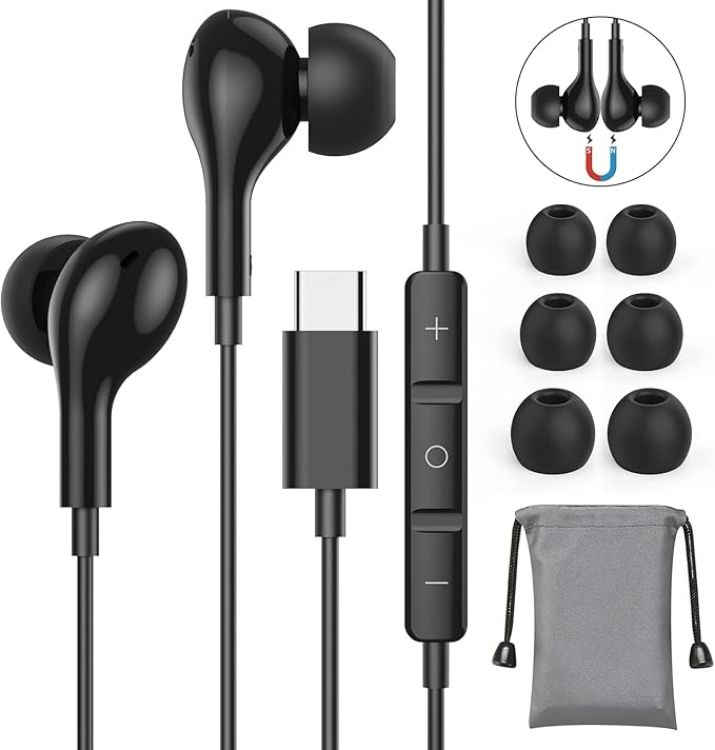 Picture of Magnetic USB-C Wired Earphones with Microphone & Volume Control – In-Ear Stereo Headphones (Black)