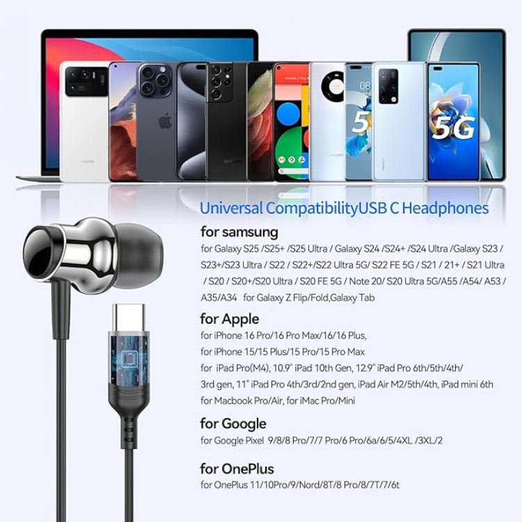 Picture of Magnetic USB-C Wired Headphones with Noise Cancelling Microphone – In-Ear Earbuds