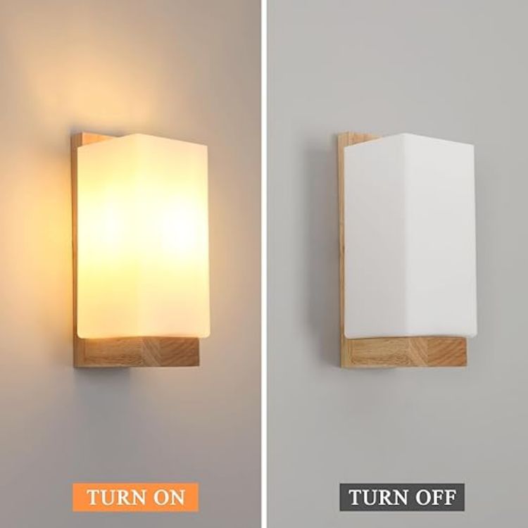 Picture of Wooden Wall Lights Indoor E27 – Modern Minimalist Wood & Glass Wall Lamp for Bedroom, Living Room & Hallway (Without Bulb)