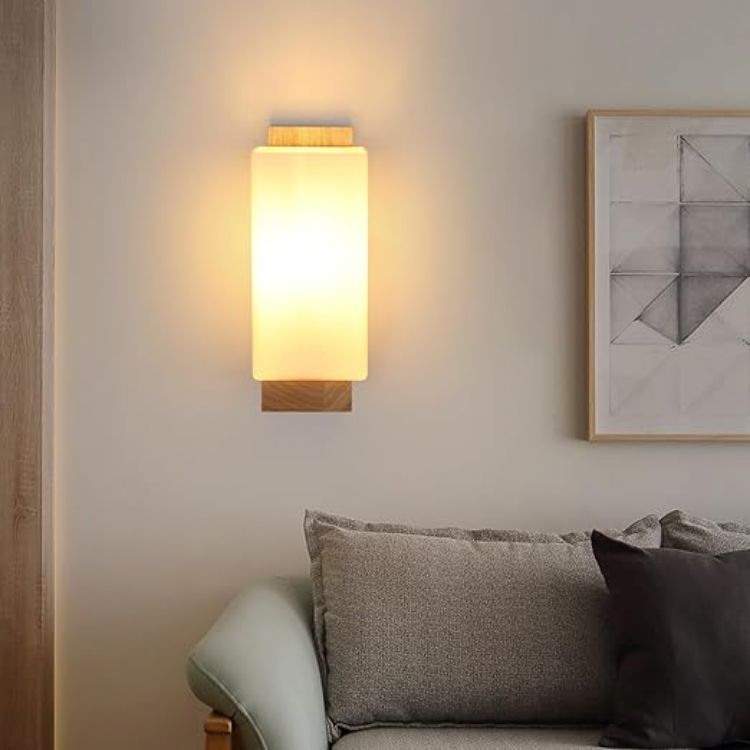 Picture of Wooden Wall Lights Indoor E27 – Modern Minimalist Wood & Glass Wall Lamp for Bedroom, Living Room & Hallway (Without Bulb)