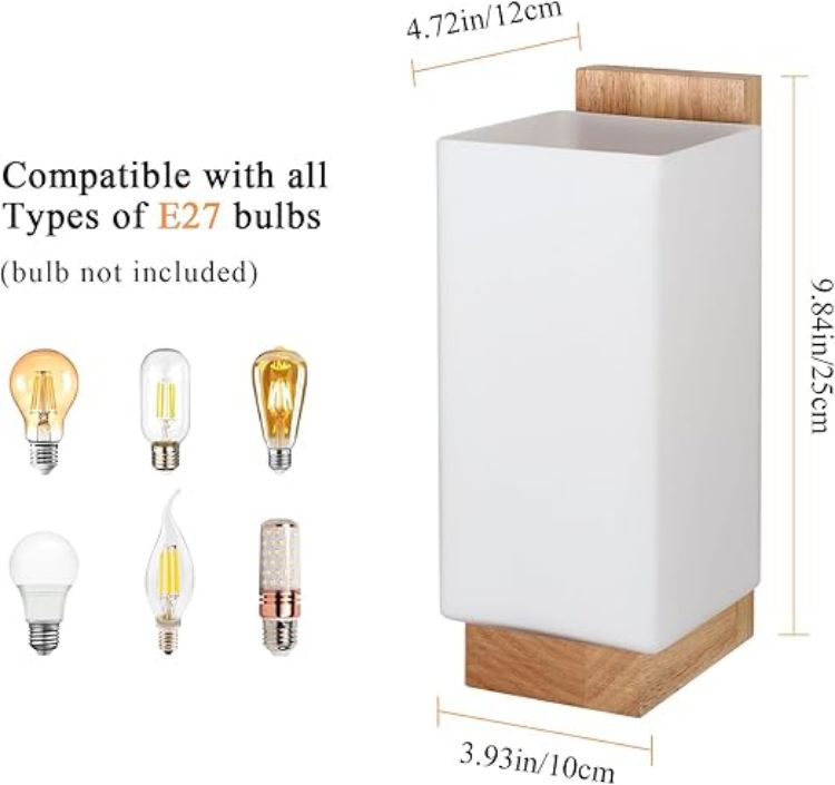 Picture of Wooden Wall Lights Indoor E27 – Modern Minimalist Wood & Glass Wall Lamp for Bedroom, Living Room & Hallway (Without Bulb)