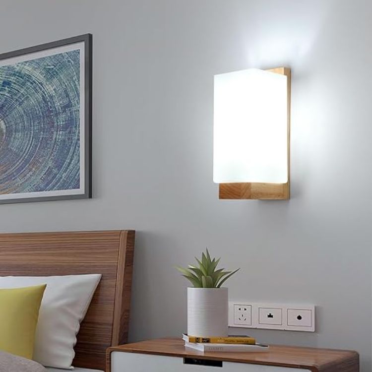 Picture of Wooden Wall Lights Indoor E27 – Modern Minimalist Wood & Glass Wall Lamp for Bedroom, Living Room & Hallway (Without Bulb)
