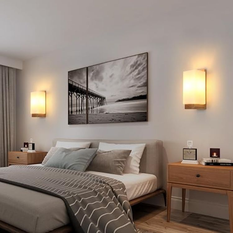 Picture of Wooden Wall Lights Indoor E27 – Modern Minimalist Wood & Glass Wall Lamp for Bedroom, Living Room & Hallway (Without Bulb)