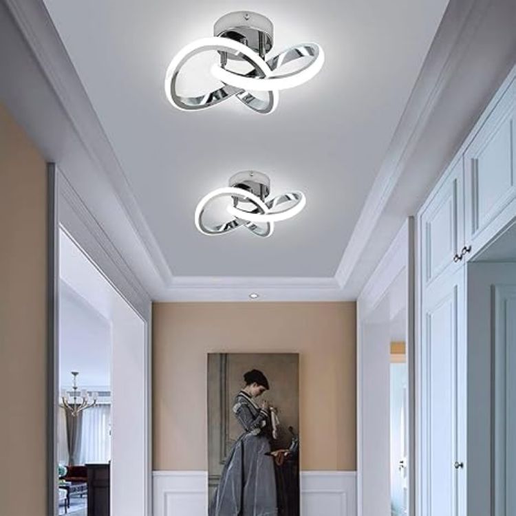 Picture of Modern Chrome Ceiling Lights LED, 25cm Silver Curved Small Hallway lamp Ceiling Light fixtures LED for Hallway, Aisle, Entrance, Bedroom, Kitchen, Living Room - 25cm, 22W Cool White 6000K [Energy Class
