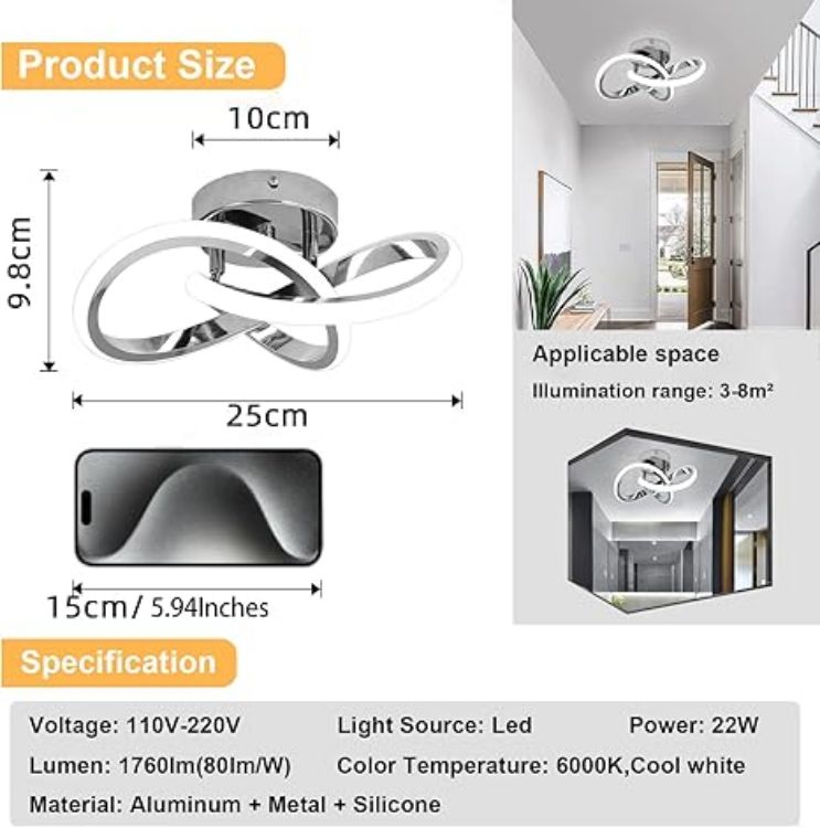 Picture of Modern Chrome Ceiling Lights LED, 25cm Silver Curved Small Hallway lamp Ceiling Light fixtures LED for Hallway, Aisle, Entrance, Bedroom, Kitchen, Living Room - 25cm, 22W Cool White 6000K [Energy Class