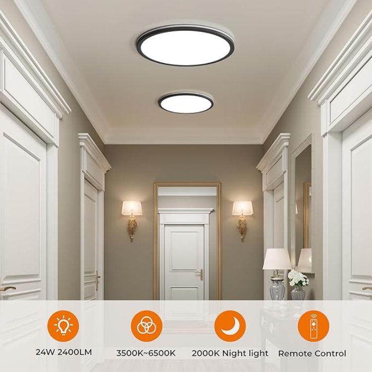 Picture of Matane 12in LED Flush Mount Ceiling Light Fixture with Remote Control, Nightlight 2000K Warm, 3000K-6500K Adjustable, Low Profile Ceiling Lights for Bedroom, Kitchen, Living Room, Black