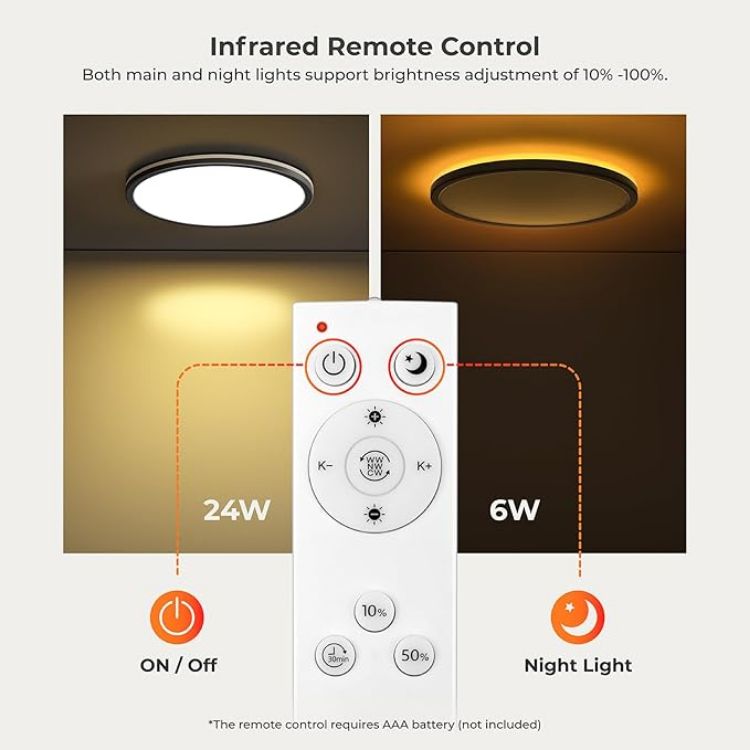 Picture of Matane 12in LED Flush Mount Ceiling Light Fixture with Remote Control, Nightlight 2000K Warm, 3000K-6500K Adjustable, Low Profile Ceiling Lights for Bedroom, Kitchen, Living Room, Black