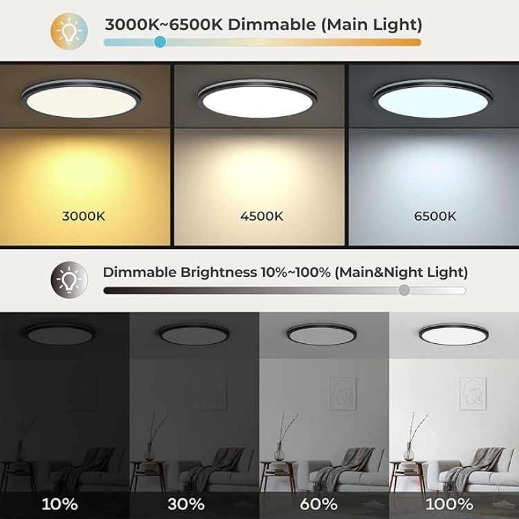 Picture of Matane 12in LED Flush Mount Ceiling Light Fixture with Remote Control, Nightlight 2000K Warm, 3000K-6500K Adjustable, Low Profile Ceiling Lights for Bedroom, Kitchen, Living Room, Black