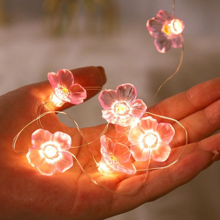 warm pink LED flower string lights