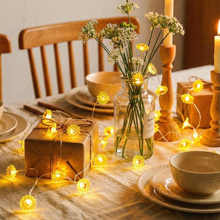 yellow daisy flower fairy lights warm glow