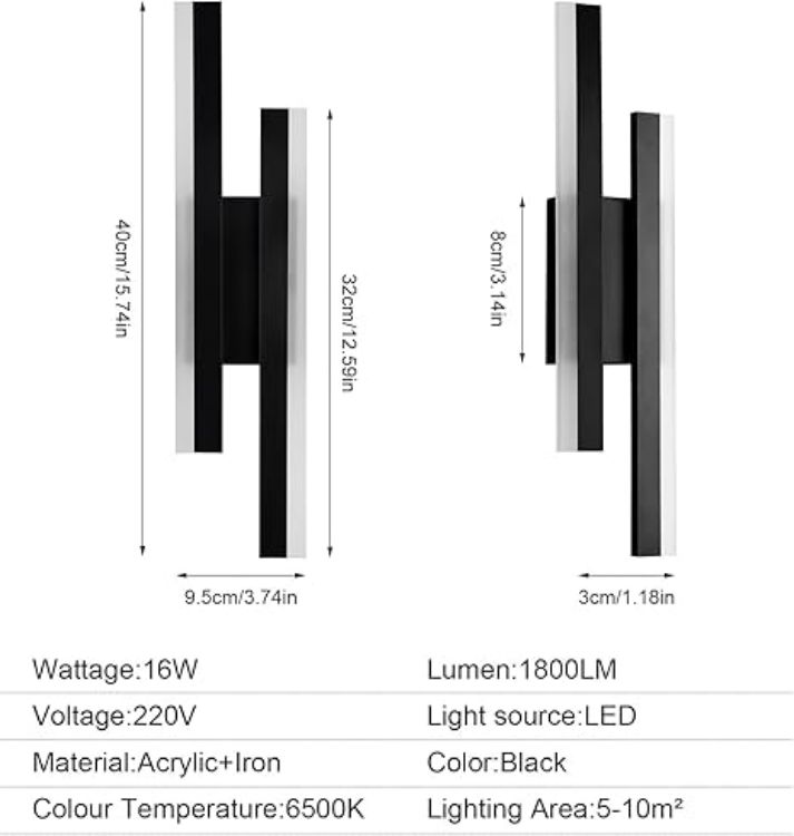 Picture of 16W LED Wall Light 40CM Modern Black Indoor Sconce 6500K Cool White